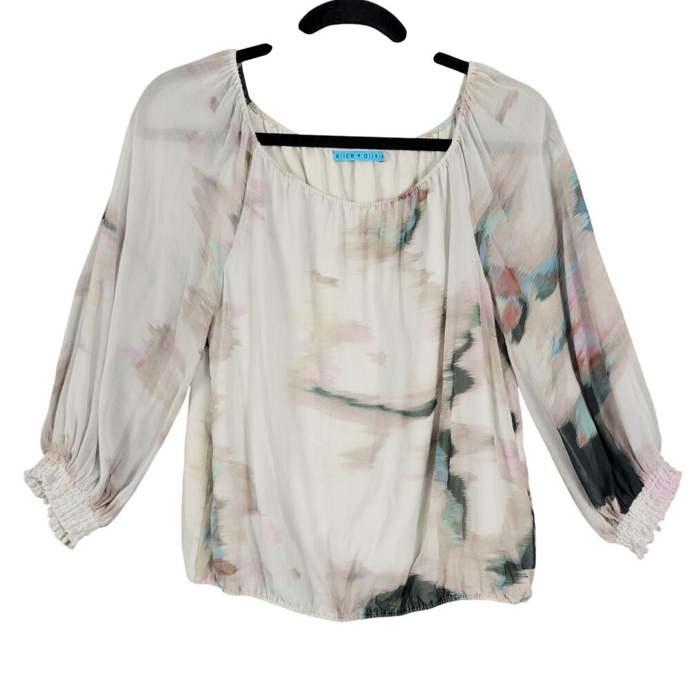 ALICE + OLIVIA Resa Smocked Sleeve Peasant Top Silk Marble Watercolor SIZE SMALL